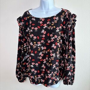 Eloquii Elements Black Floral Long Sleeve Blouse Top Shirt Ruffle